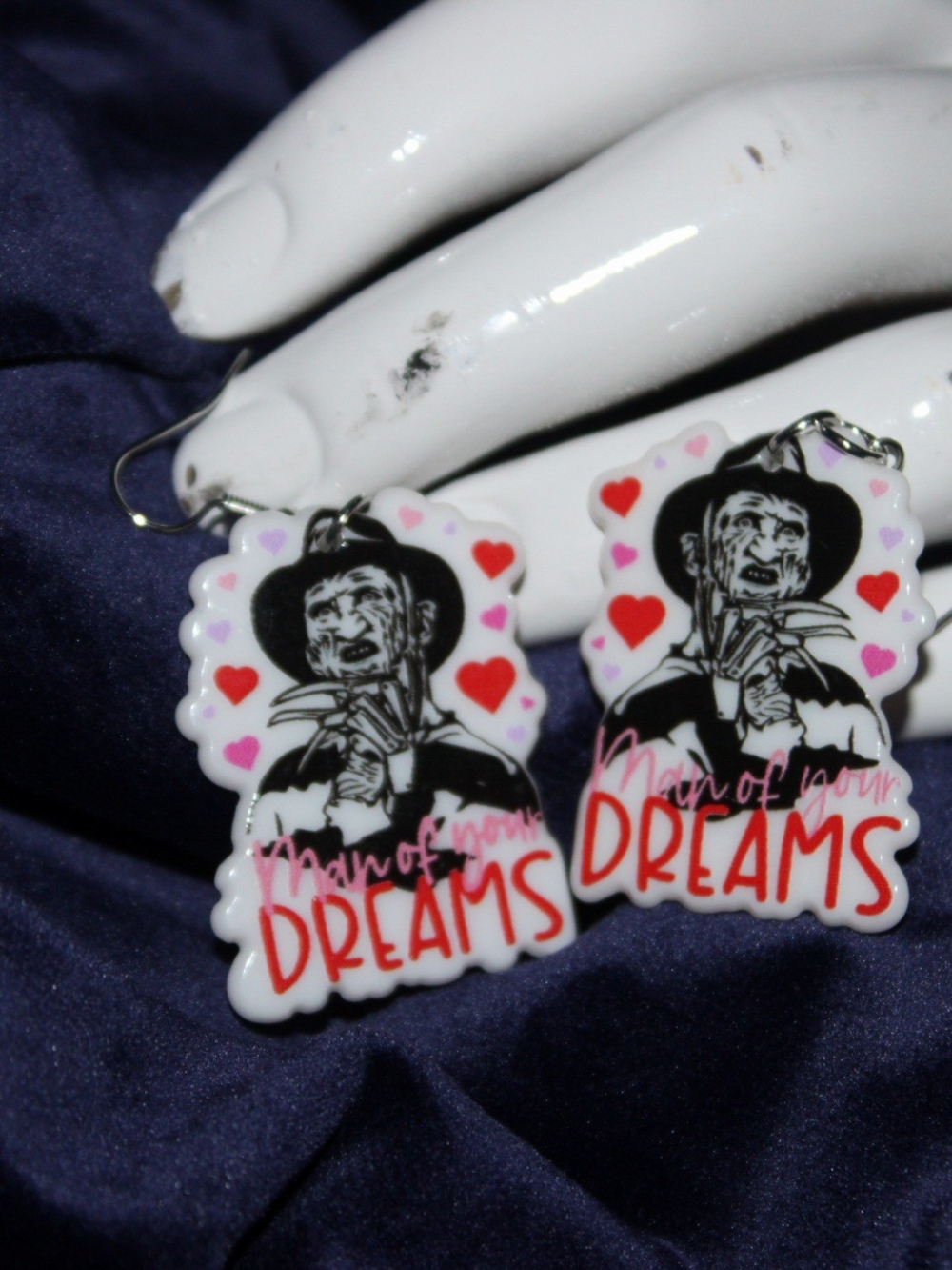 Man of Your Dreams White Horror Graphic Drop Earrings
